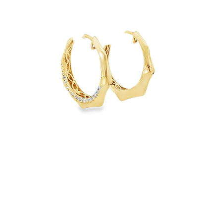 18K yellow gold geometric hoop earrings set with 36 pave round brilliant diamonds, 0.41 ctw. Stylish, modern, and beautifully crafted.