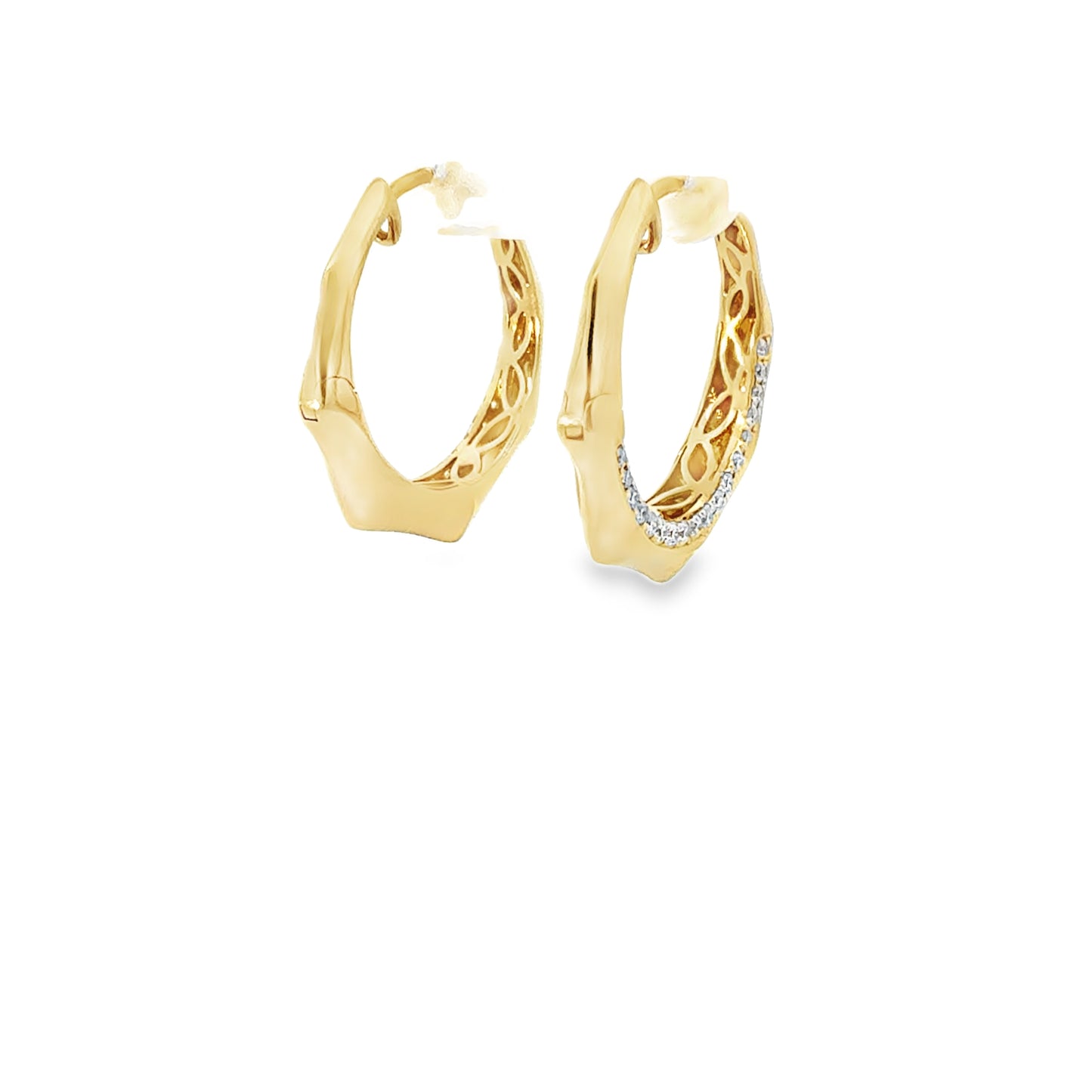 18K yellow gold geometric hoop earrings set with 36 pave round brilliant diamonds, 0.41 ctw. Stylish, modern, and beautifully crafted.