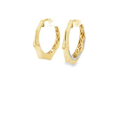 18K yellow gold geometric hoop earrings set with 36 pave round brilliant diamonds, 0.41 ctw. Stylish, modern, and beautifully crafted.