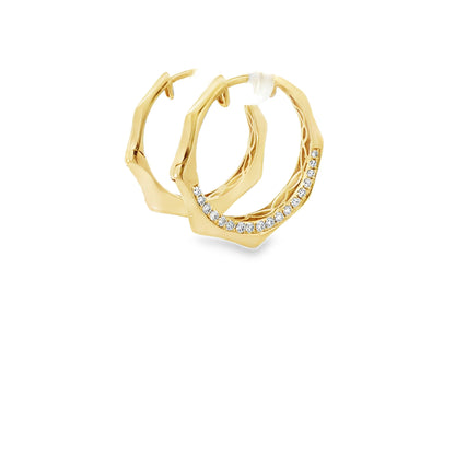 18K yellow gold geometric hoop earrings set with 36 pave round brilliant diamonds, 0.41 ctw. Stylish, modern, and beautifully crafted.