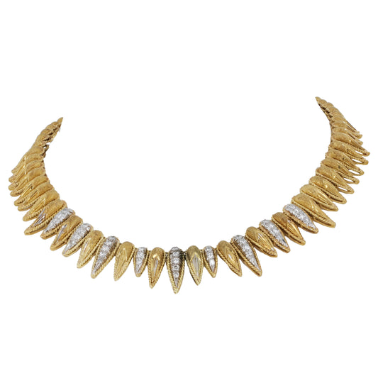 Retro French 18K Yellow Gold and Diamond Necklace, Hand-Engraved Links, 0.75 Carats, 79.7g