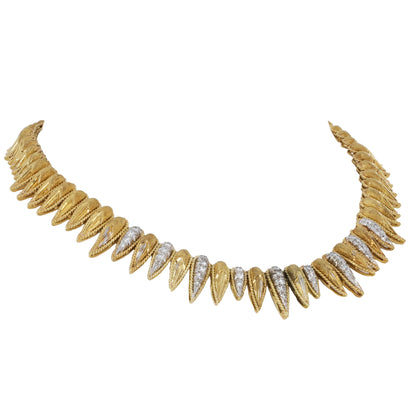 Retro French 18K Yellow Gold and Diamond Necklace, Hand-Engraved Links, 0.75 Carats, 79.7g