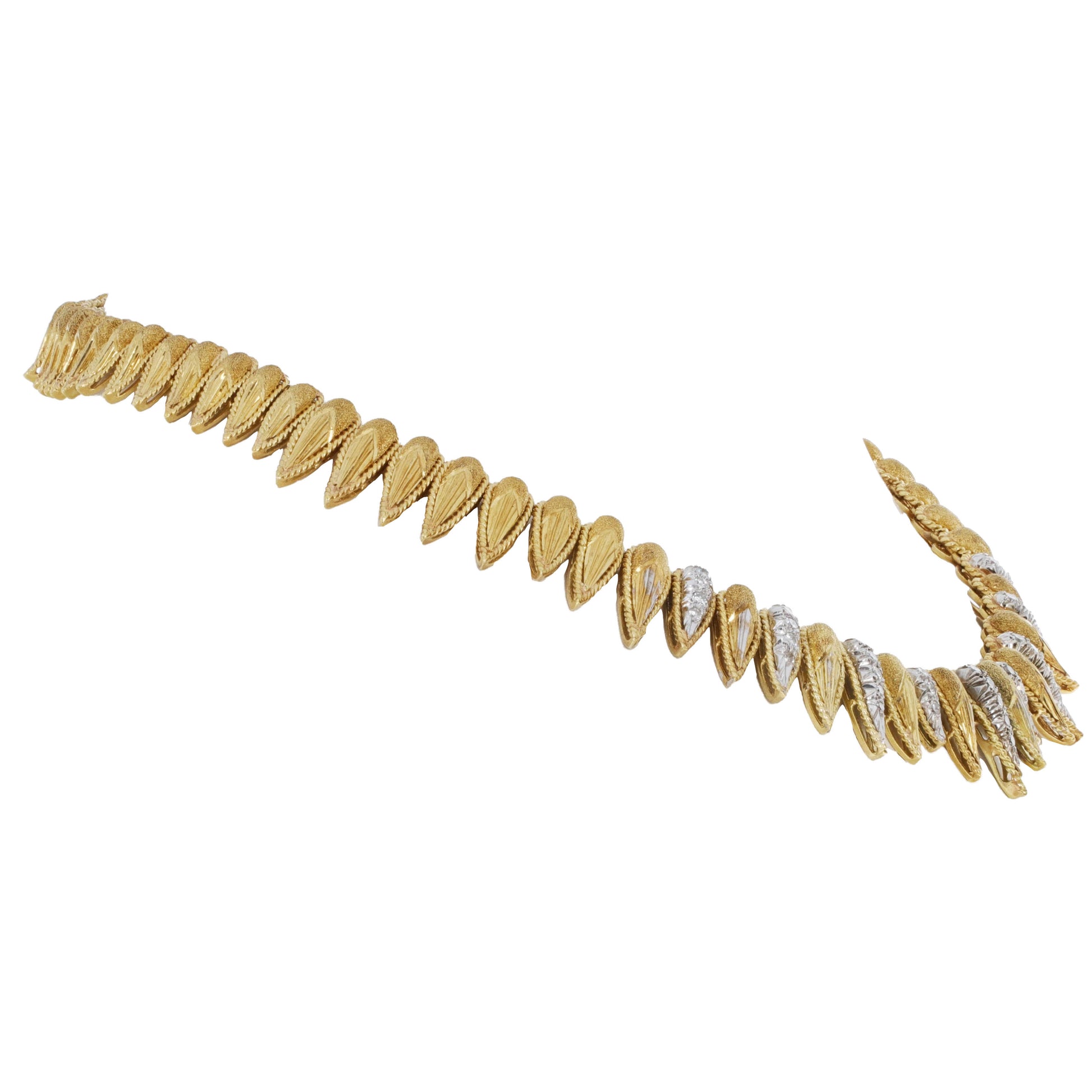 Retro French 18K Yellow Gold and Diamond Necklace, Hand-Engraved Links, 0.75 Carats, 79.7g