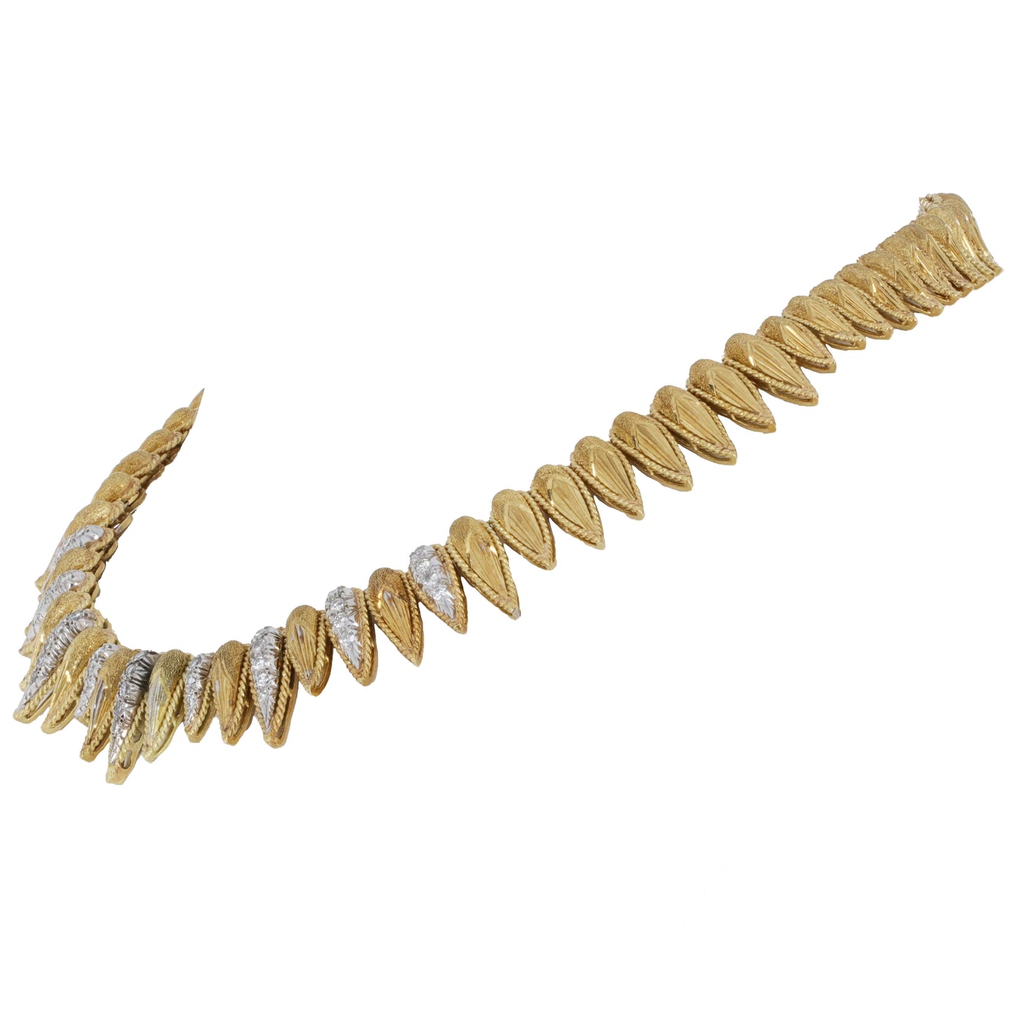 Retro French 18K Yellow Gold and Diamond Necklace, Hand-Engraved Links, 0.75 Carats, 79.7g