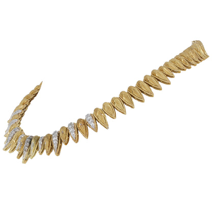 Retro French 18K Yellow Gold and Diamond Necklace, Hand-Engraved Links, 0.75 Carats, 79.7g