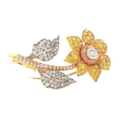 GIA certified 0.32ct F VS1 multi-color natural pink yellow and white diamond flower brooch in 18k two-tone gold by Kantor Gems