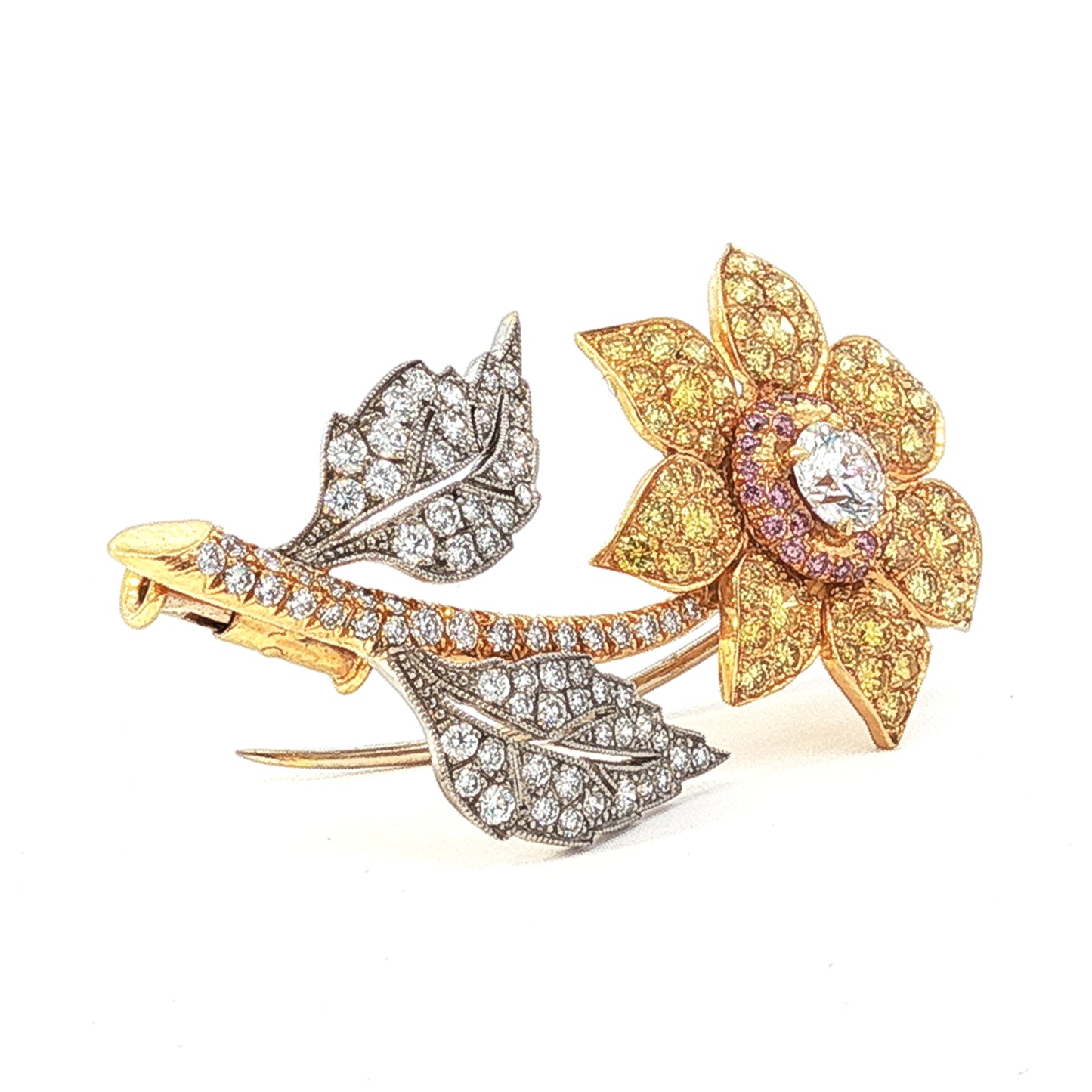 GIA certified 0.32ct F VS1 multi-color natural pink yellow and white diamond flower brooch in 18k two-tone gold by Kantor Gems