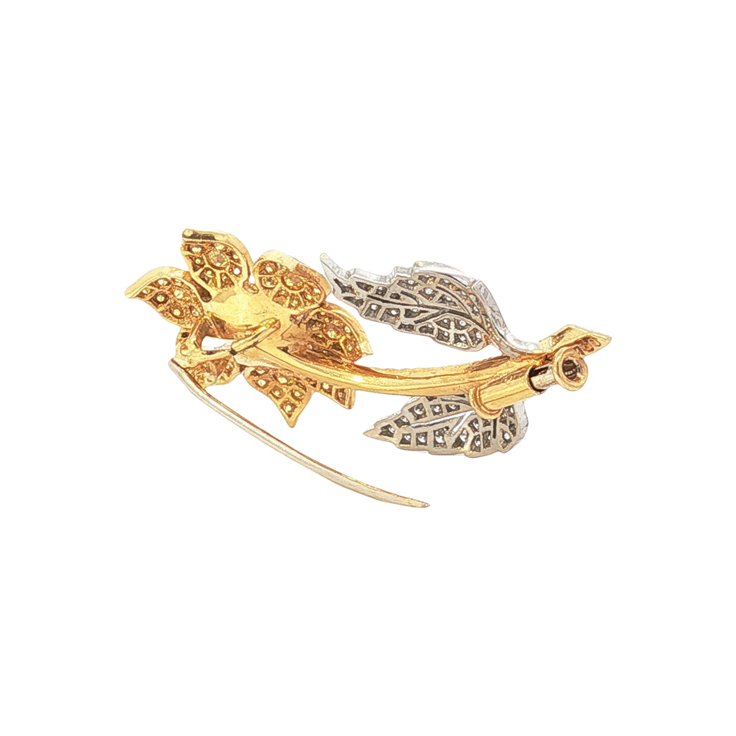 GIA certified 0.32ct F VS1 multi-color natural pink yellow and white diamond flower brooch in 18k two-tone gold by Kantor Gems