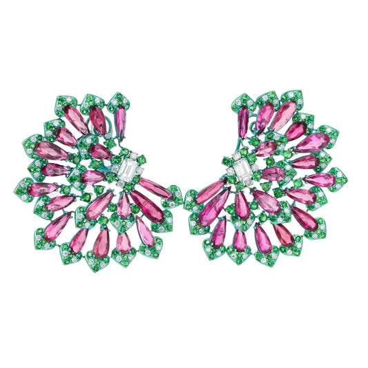 Pink Tourmaline, Green Garnet, and Diamond Titanium Earrings — Sculptural Contemporary Statement Design