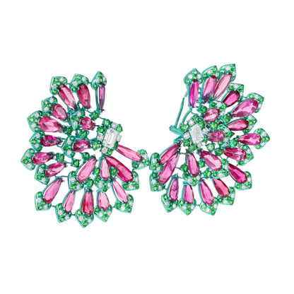 Pink Tourmaline, Green Garnet, and Diamond Titanium Earrings — Sculptural Contemporary Statement Design