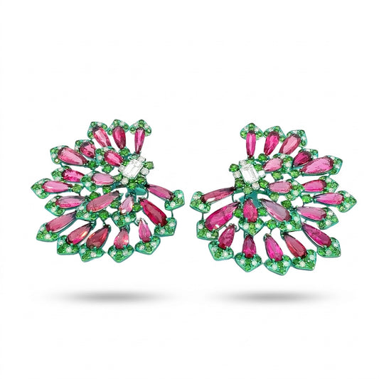 Pink Tourmaline, Green Garnet, and Diamond Titanium Earrings — Sculptural Contemporary Statement Design