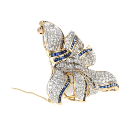 18K Yellow and White Gold Diamond and Sapphire Bow Brooch – Retro Ribbon Design, 3.5 Carats Diamonds
