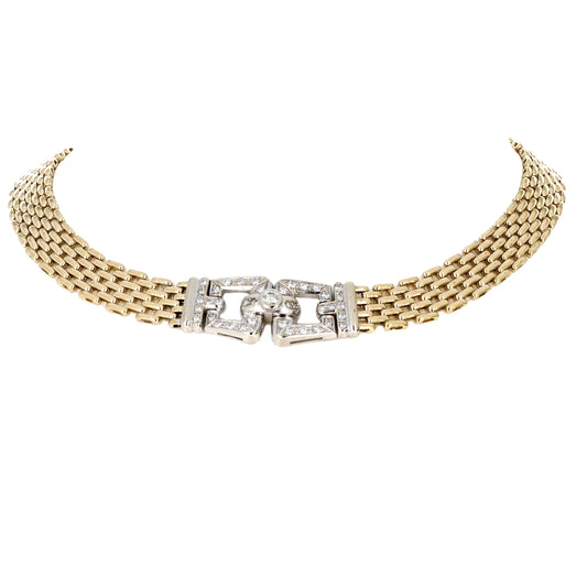 14K Yellow and White Gold Diamond Buckle Necklace, 0.75ctw, Retro Statement Choker