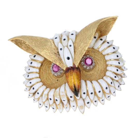 18K Yellow Gold Owl Vintage Brooch with Rubies and Enamel Accents