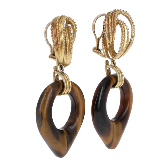 14 Karat Yellow Gold Retro Agate Dangle Earrings – Removable & Interchangeable