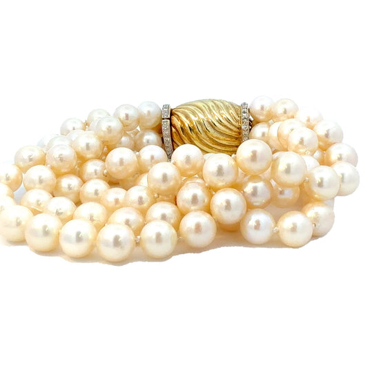 Luxury 14K Yellow Gold and Diamond Clasp Five-Strand Pearl Bracelet – Retro Elegance