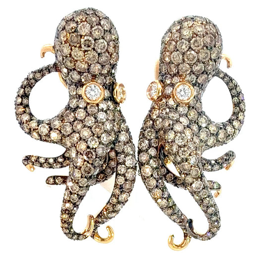 ROTO E ROTO Italian Octopus Earrings in 18 Karat Yellow Gold with Multicolor Diamonds