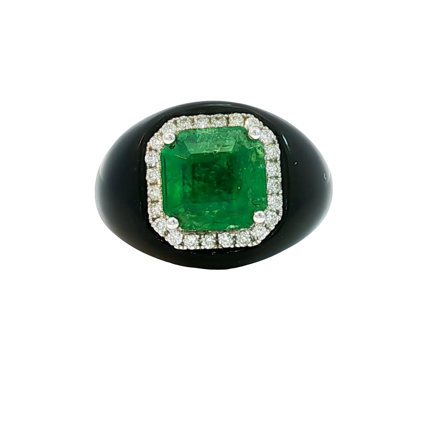 18K White Gold Emerald Diamond Black Agate Cocktail Ring