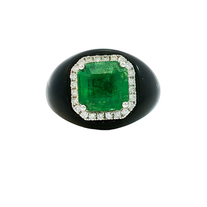 18K White Gold Emerald Diamond Black Agate Cocktail Ring
