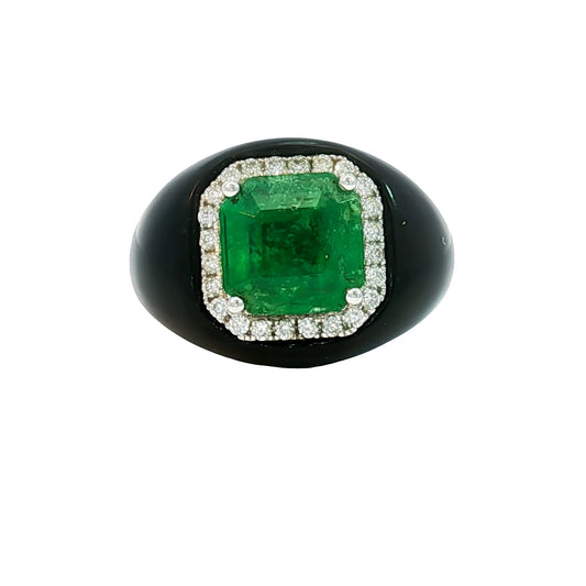 18K White Gold Emerald Diamond Black Agate Cocktail Ring