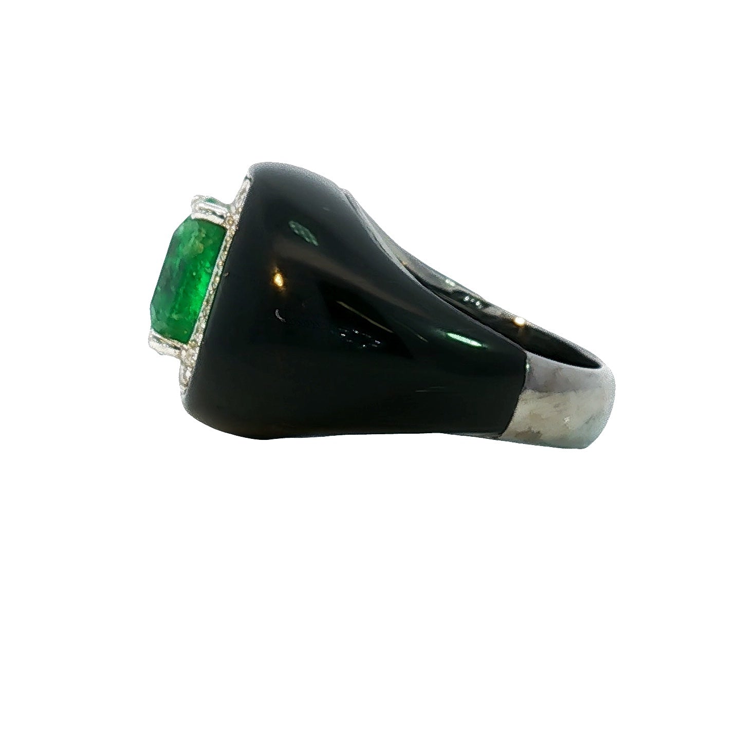 18K White Gold Emerald Diamond Black Agate Cocktail Ring