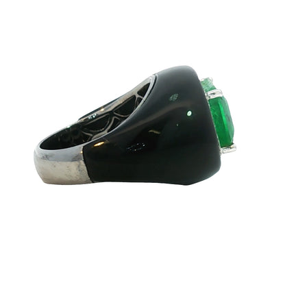 18K White Gold Emerald Diamond Black Agate Cocktail Ring