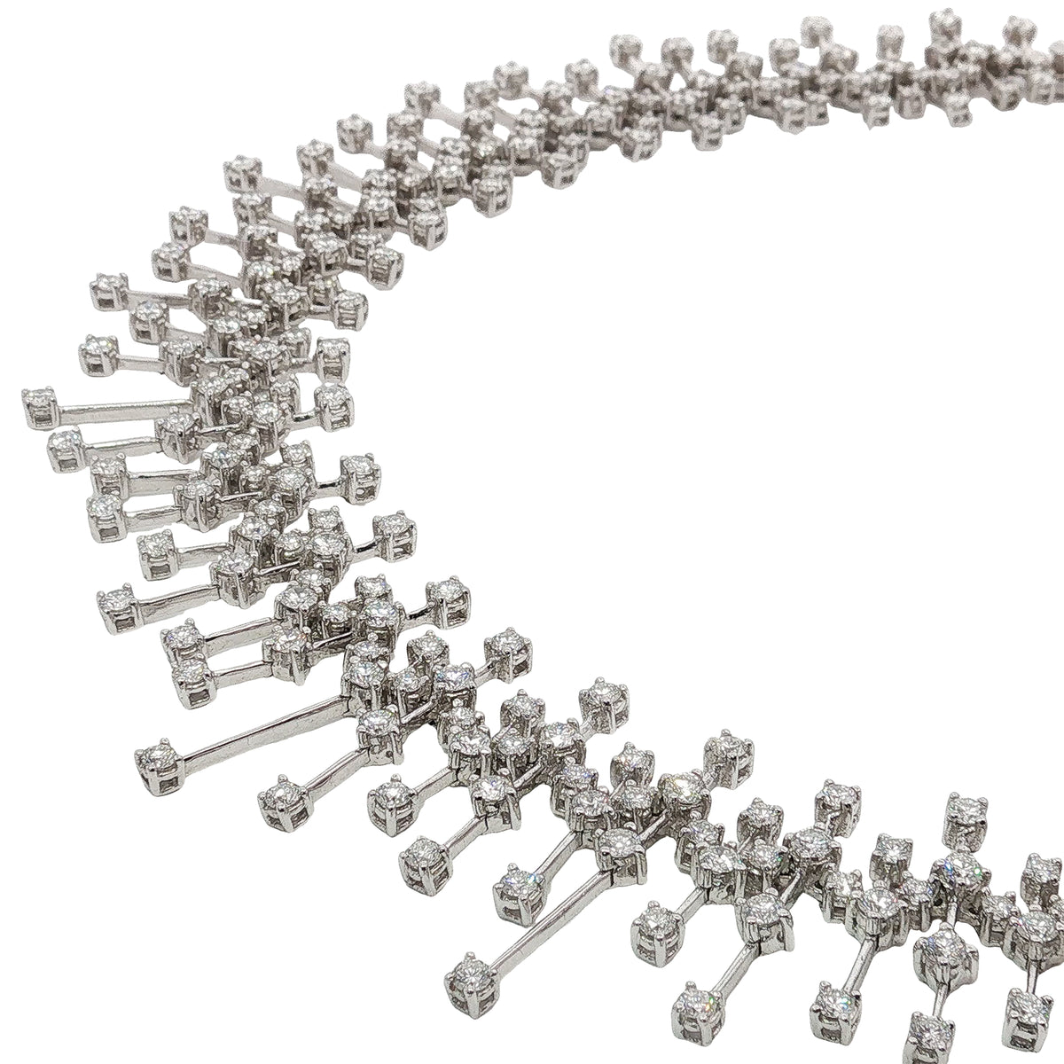 15.50 carat round brilliant diamond fringe chandelier necklace in 18K white gold featuring articulated geometric bars and graduated diamond drops.