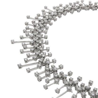 15.50 carat round brilliant diamond fringe chandelier necklace in 18K white gold featuring articulated geometric bars and graduated diamond drops.