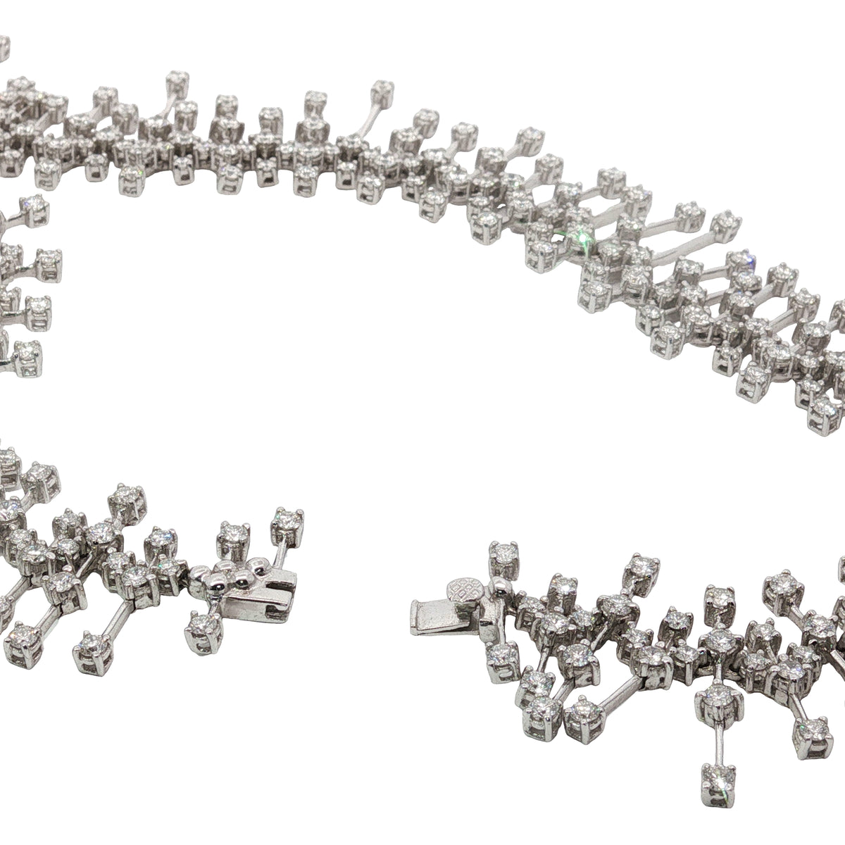 15.50 carat round brilliant diamond fringe chandelier necklace in 18K white gold featuring articulated geometric bars and graduated diamond drops.