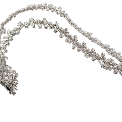 15.50 carat round brilliant diamond fringe chandelier necklace in 18K white gold featuring articulated geometric bars and graduated diamond drops.