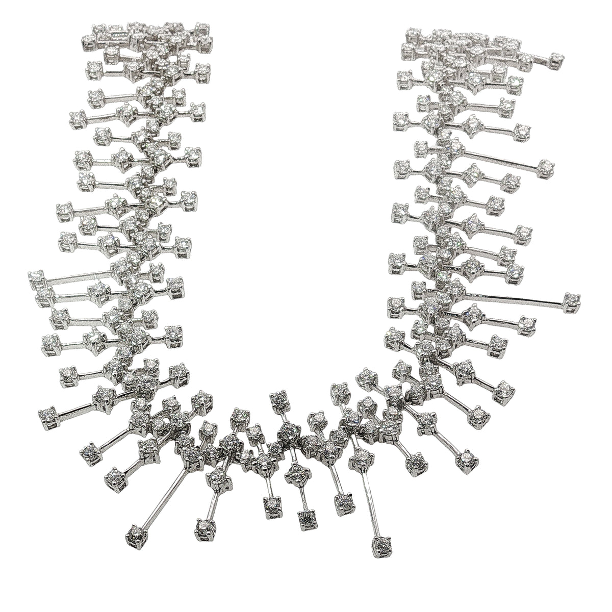 15.50 carat round brilliant diamond fringe chandelier necklace in 18K white gold featuring articulated geometric bars and graduated diamond drops.