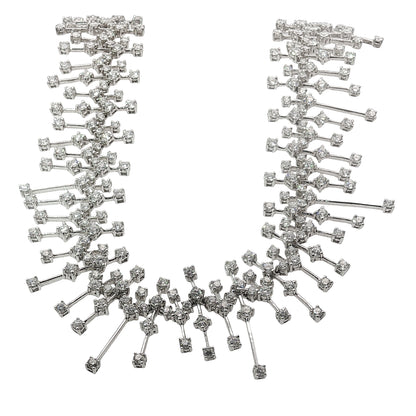 15.50 carat round brilliant diamond fringe chandelier necklace in 18K white gold featuring articulated geometric bars and graduated diamond drops.