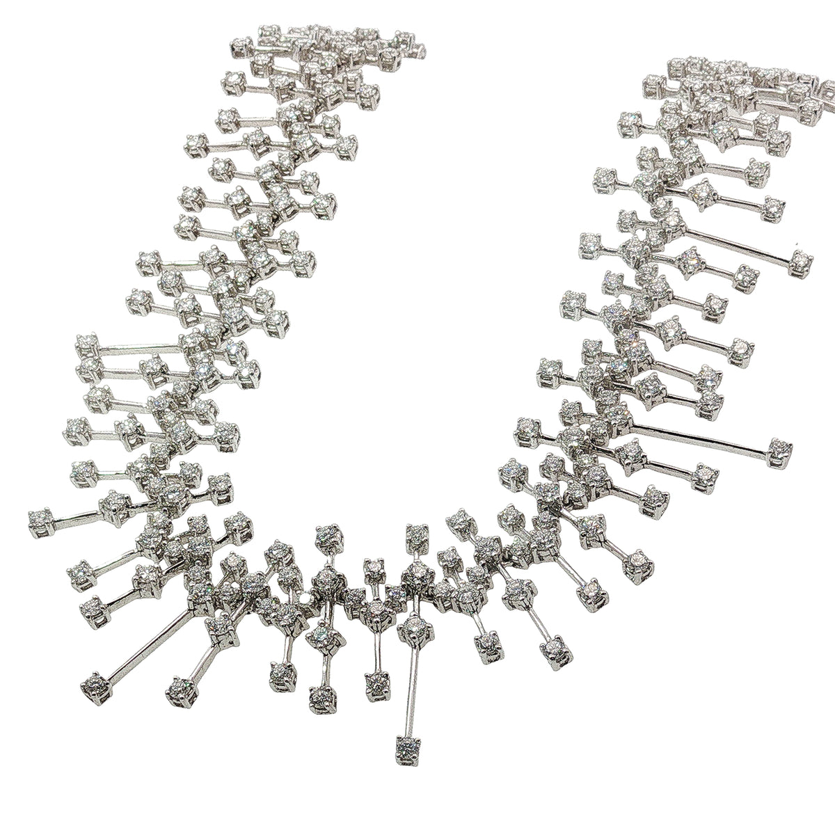 15.50 carat round brilliant diamond fringe chandelier necklace in 18K white gold featuring articulated geometric bars and graduated diamond drops.