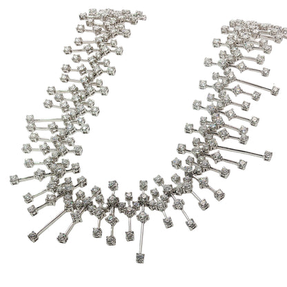 15.50 carat round brilliant diamond fringe chandelier necklace in 18K white gold featuring articulated geometric bars and graduated diamond drops.