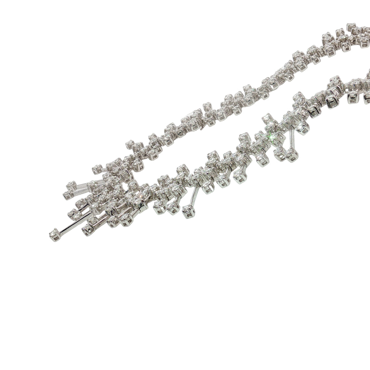 15.50 carat round brilliant diamond fringe chandelier necklace in 18K white gold featuring articulated geometric bars and graduated diamond drops.
