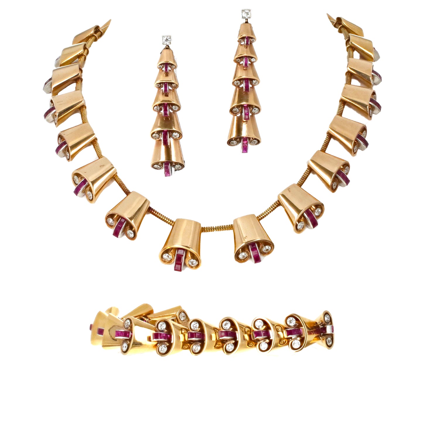 Retro Ruby Diamond Jewelry Set 18K Rose Gold Necklace Bracelet Earrings