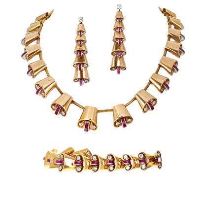 Retro Ruby Diamond Jewelry Set 18K Rose Gold Necklace Bracelet Earrings