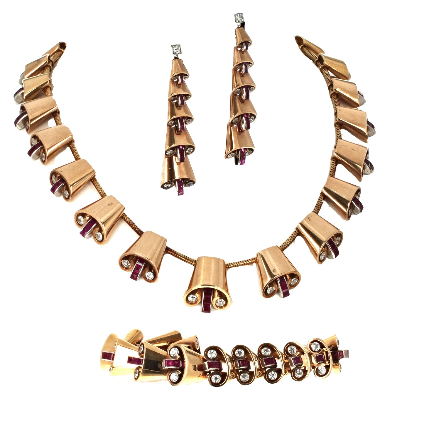 Retro Ruby Diamond Jewelry Set 18K Rose Gold Necklace Bracelet Earrings