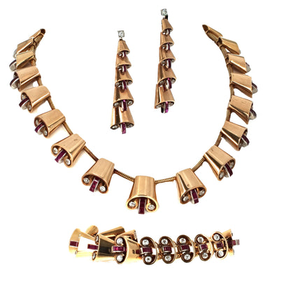 Retro Ruby Diamond Jewelry Set 18K Rose Gold Necklace Bracelet Earrings