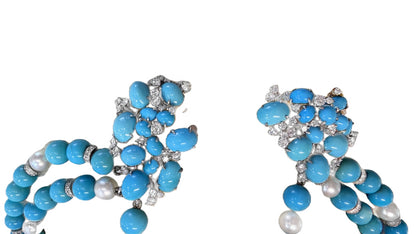 Meister Swiss 18k white gold 3-strand turquoise, pearl, and 9.60ctw diamond necklace and earring suite by Kantor Gems
