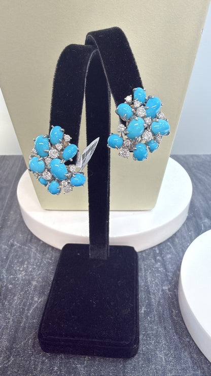 Meister Swiss 18k white gold 3-strand turquoise, pearl and 9.60ctw diamond necklace and earring suite by Kantor Gems