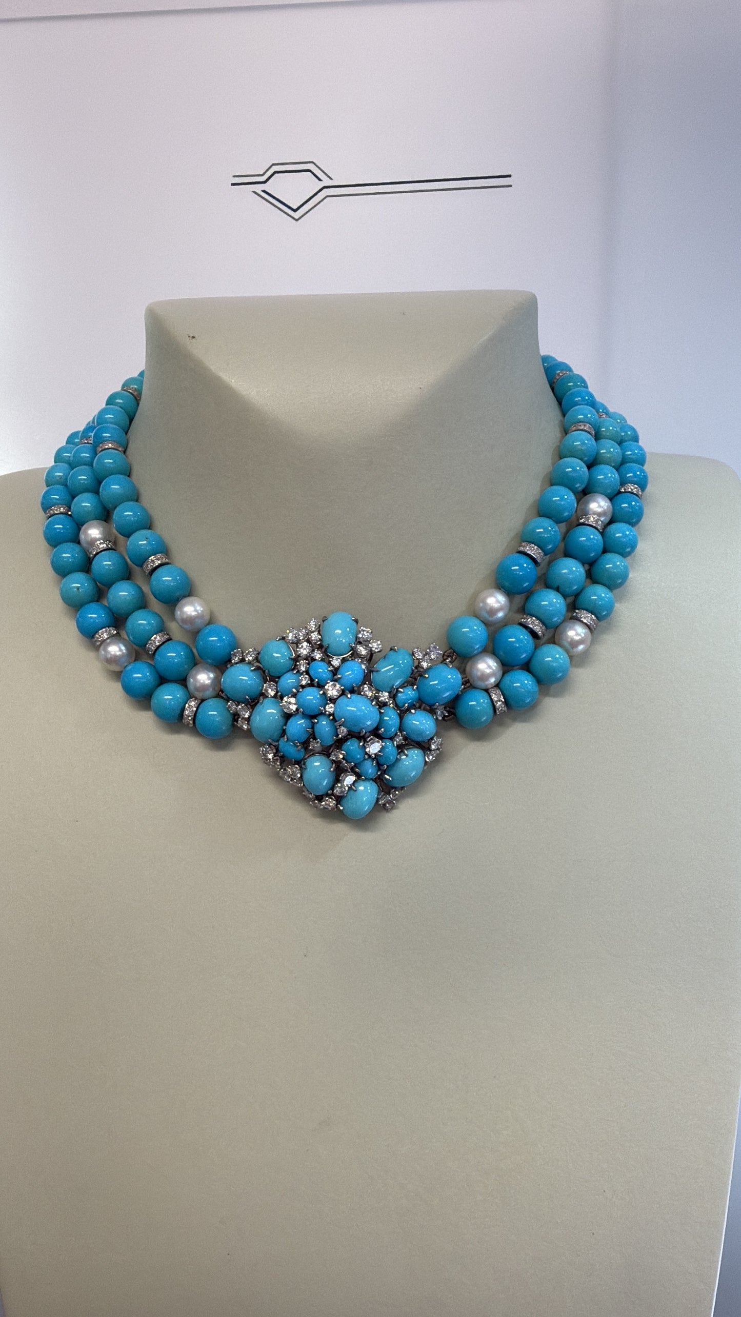 Meister Swiss 18k white gold 3-strand turquoise, pearl and 9.60ctw diamond necklace and earring suite by Kantor Gems