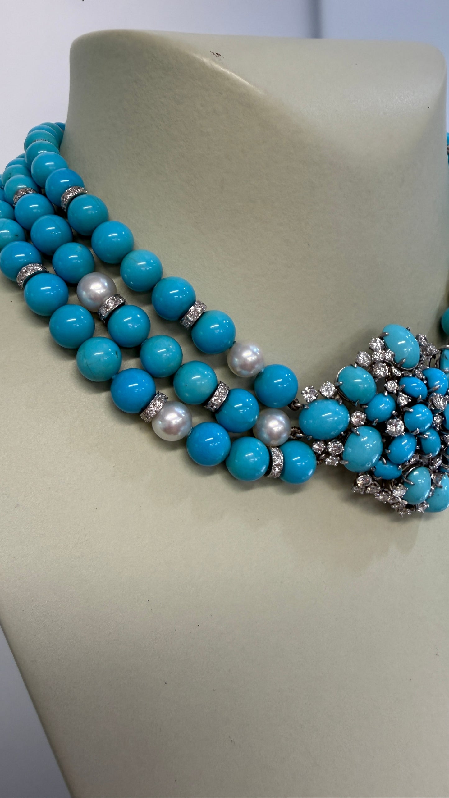 Meister Swiss 18k white gold 3-strand turquoise, pearl and 9.60ctw diamond necklace and earring suite by Kantor Gems