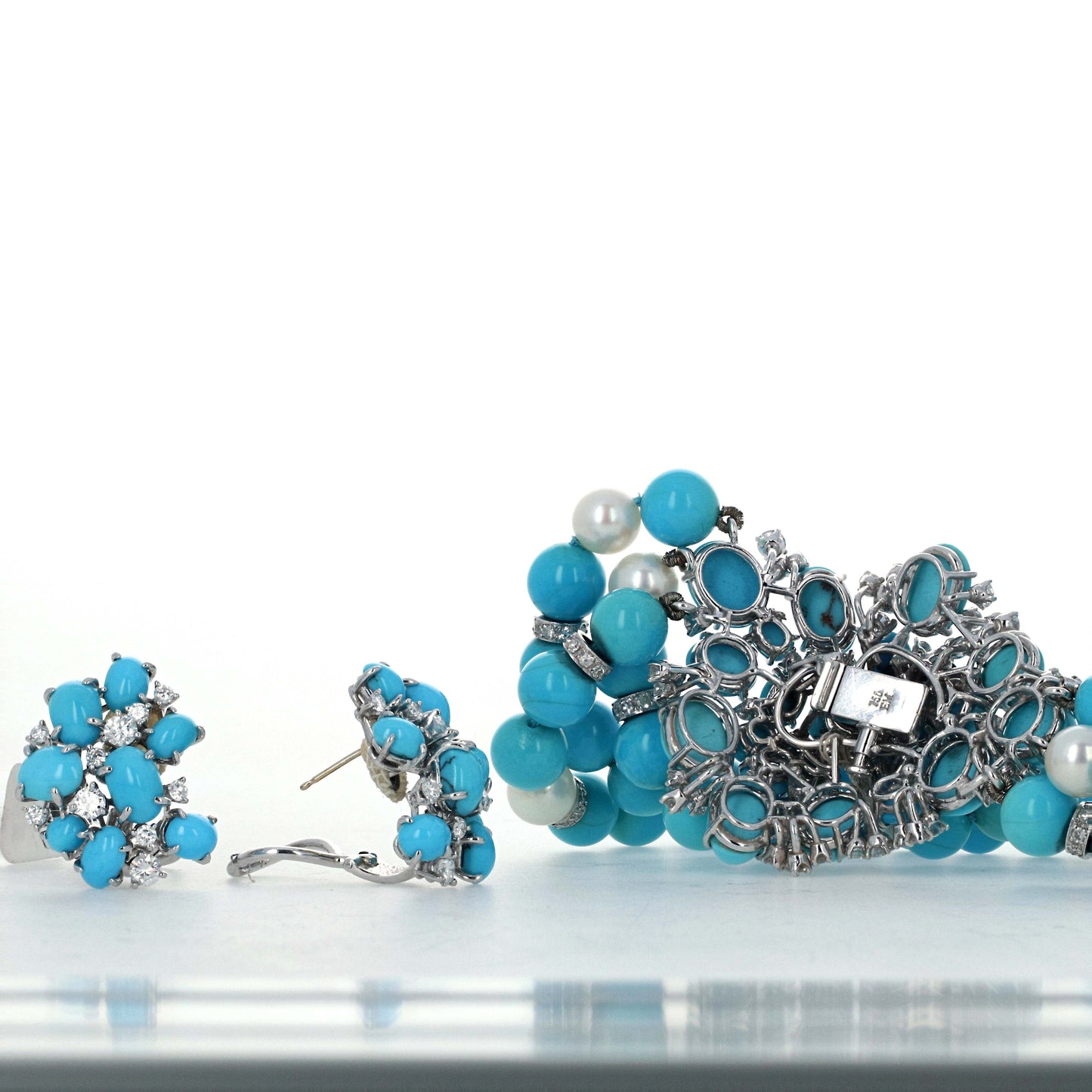 Meister Swiss 18k white gold 3-strand turquoise, pearl, and 9.60ctw diamond necklace and earring suite by Kantor Gems