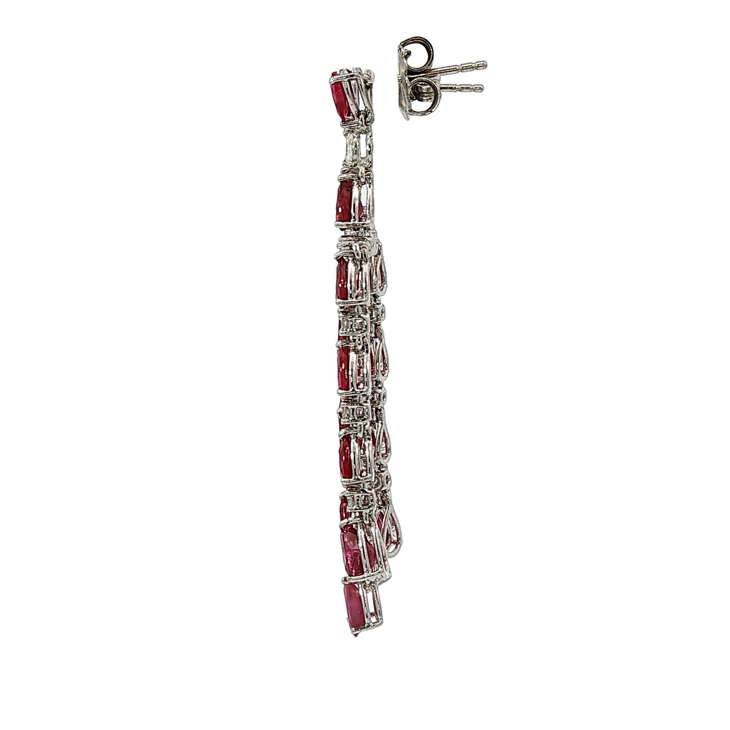 Pear shape ruby and diamond chandelier dangle earrings in 18 karat white gold with 9.98 carats of natural rubies and 1.02 carats of diamonds.