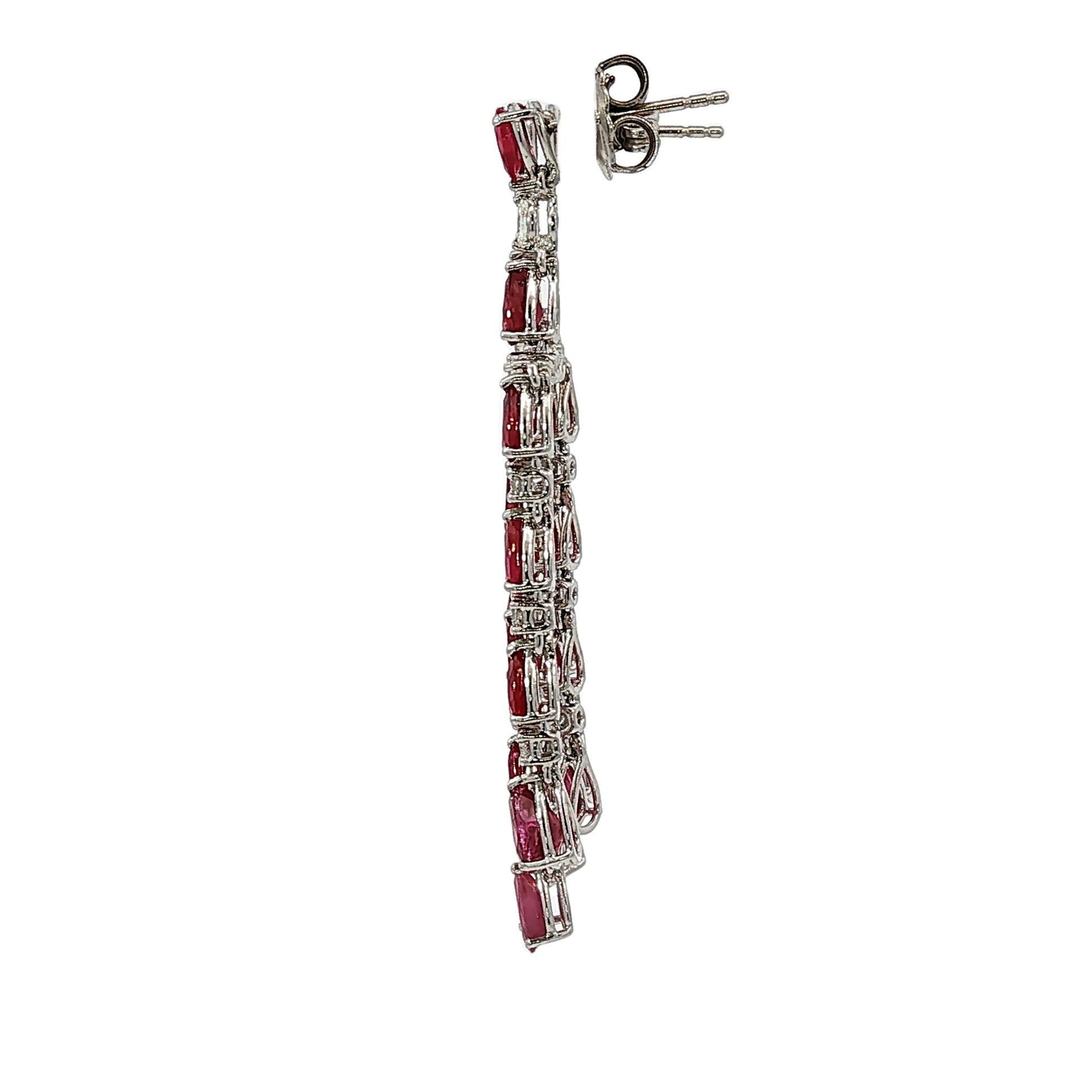Pear shape ruby and diamond chandelier dangle earrings in 18 karat white gold with 9.98 carats of natural rubies and 1.02 carats of diamonds.