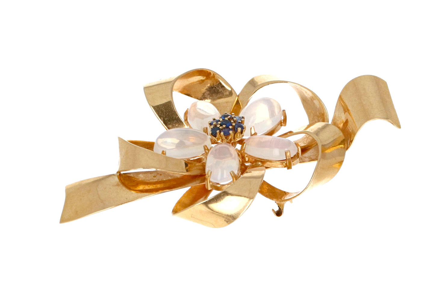 Vintage Binder Brothers Moonstone Sapphire Ribbon Brooch 14K Gold Floral 1950s