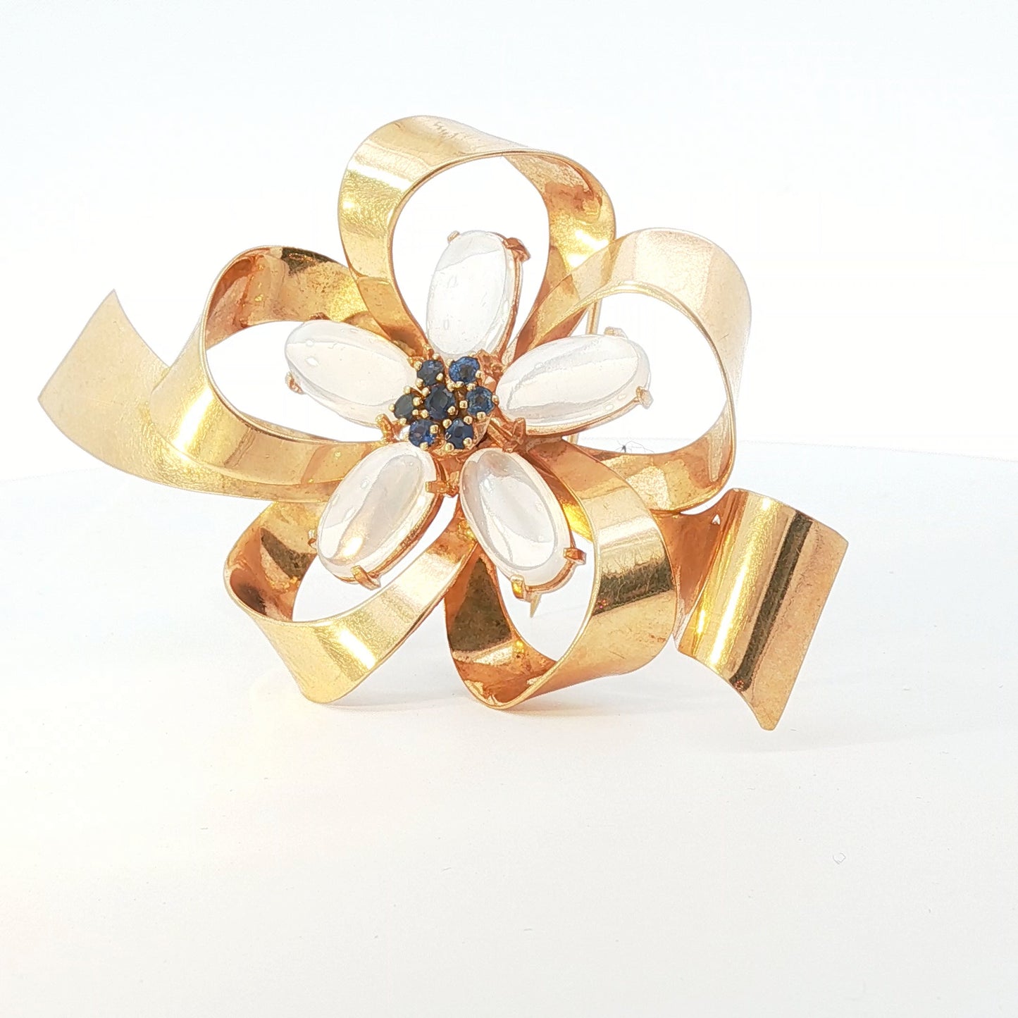 Vintage Binder Brothers Moonstone Sapphire Ribbon Brooch 14K Gold Floral 1950s