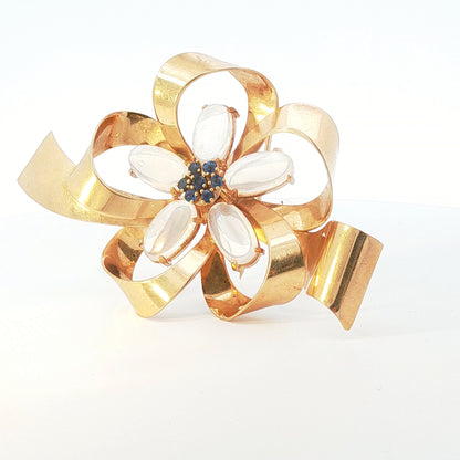 Vintage Binder Brothers Moonstone Sapphire Ribbon Brooch 14K Gold Floral 1950s