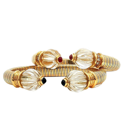 Vintage Boucheron Pair of Rock Crystal Sapphire Ruby Diamond 18K Bangle Cuff